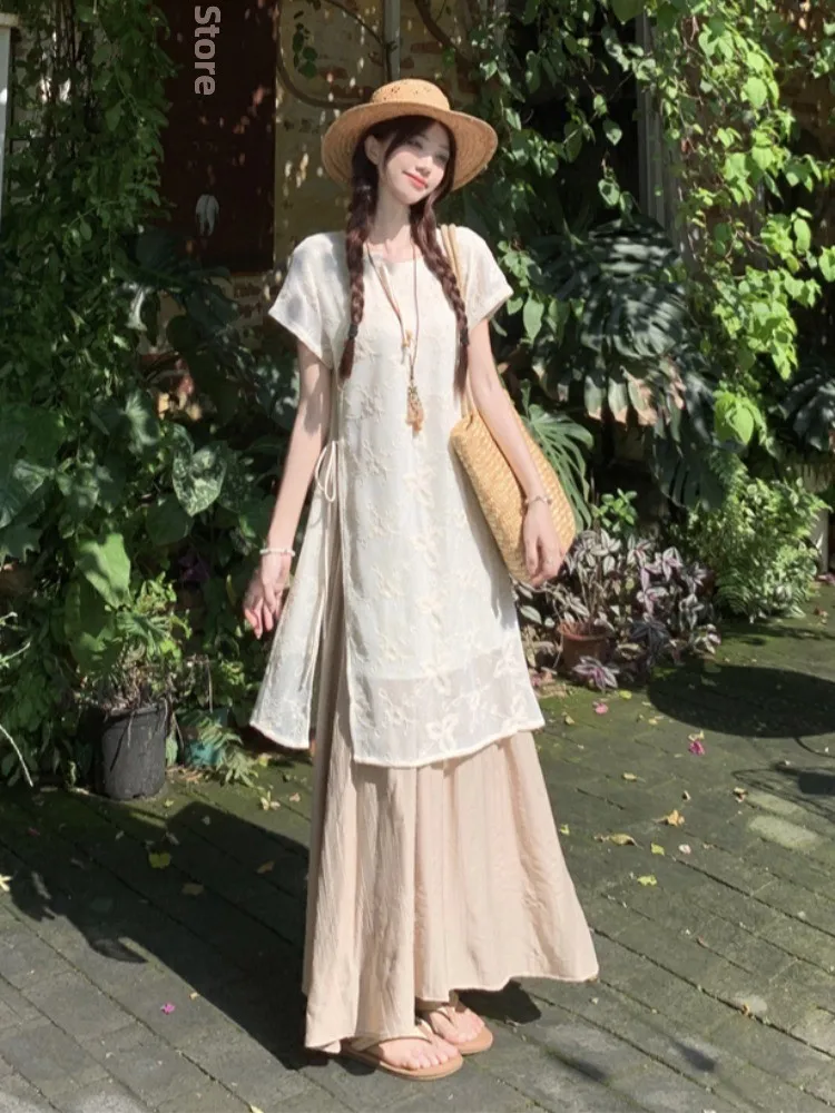 

plus Size Women's Summer New Vintage Fashion Design Lightweight National Style Top And Half Skirt Set Casual Loose Fit