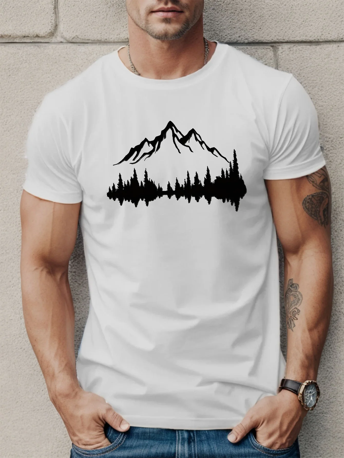 Summer Men's 100% Cotton Casual Loose Large Size Mountains And Trees Printed Sports Comfortable Round Neck Short Sleeve T-shirt image 3