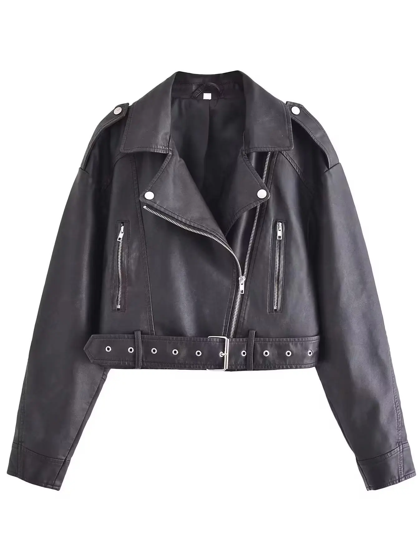 SUSOLA New Spring Woman Faux Leather Jacket Chic Vintage Short Lapel Zipper Belt Biker Coats Fashion Streetwear Mujer Tops