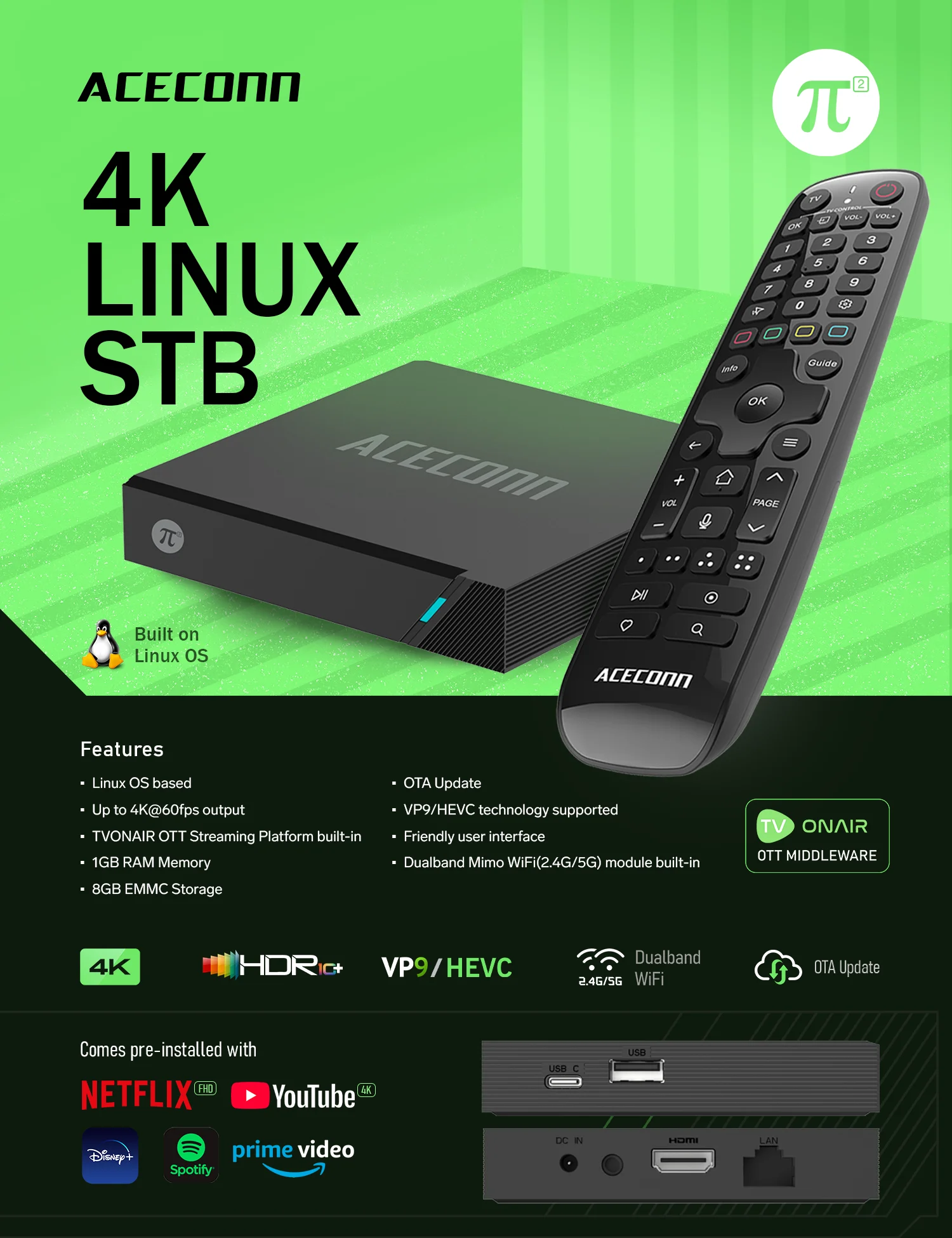 ACECONN Pi2 π2 4K 2160P 리눅스 STB TV 박스 IPTV 셋톱박스 BT 지원 풀 포맷 디코딩 통합 리모컨 기능