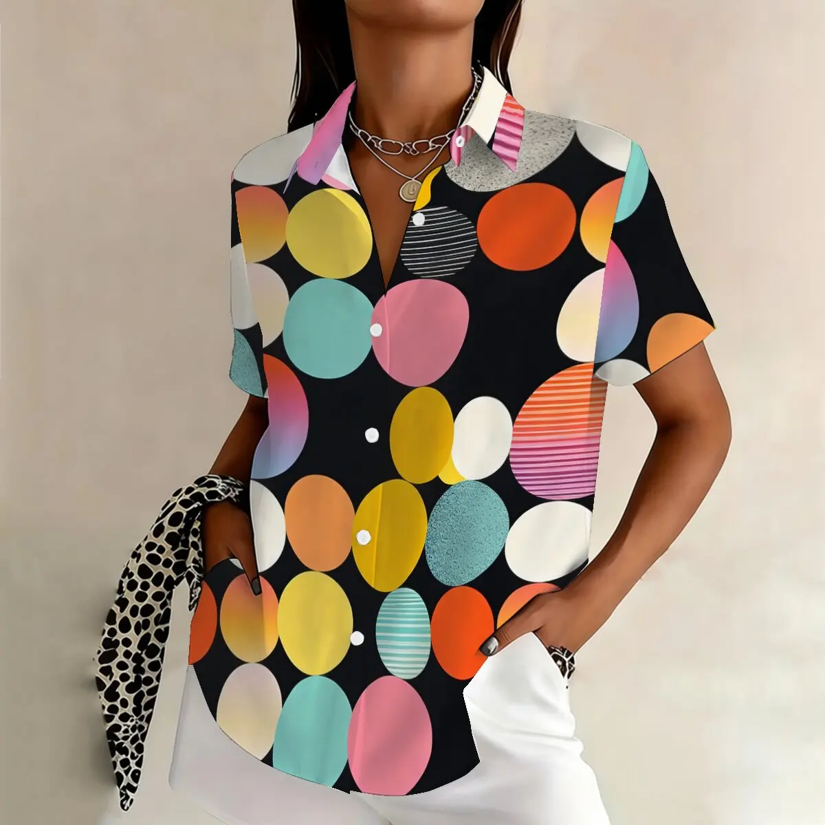 

Женская летняя рубашка больших размеров с коротким рукавом и принтом в горошек, стильная и яркая, привлекающая внимание для модных мероприятий и уличного стиля