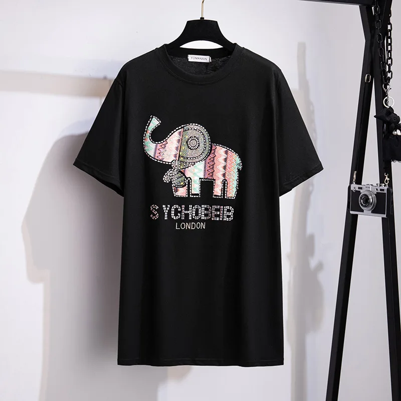 2023 Summer New Hot Diamond Fattening Oversized Big Size Show Thin Loose Medium Long Short Sleeve T-shirt Women 100 150 175KG