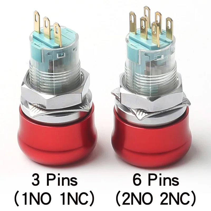 16mm19mm22mm Metal Emergency Stop Button Switch Stainless Steel Waterproof Mushroom Head Self-locking 3Pins 1NO1NC 6Pins 2NO2NC