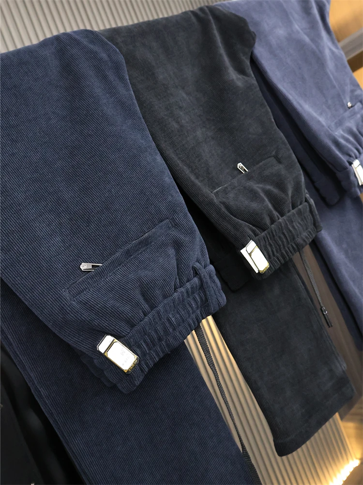 

Men's Pure Color Corduroy Casual Pants Warm Elastic Waist Straight Leg Autumn Winter Faion Urban Sle Long Trousers