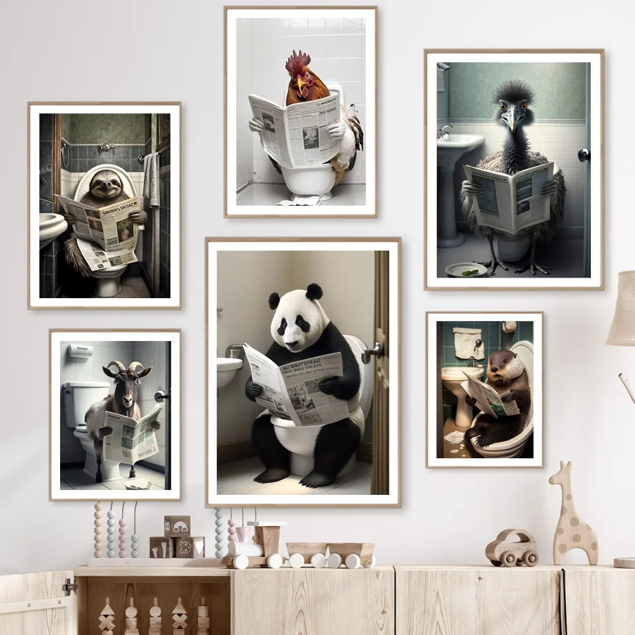 

Funny Animals Bathroom Humor Wc Wall Mural Decor Panda Goat Chicken Toilet Reading Newspaper Poster Art Print Canvas Painting