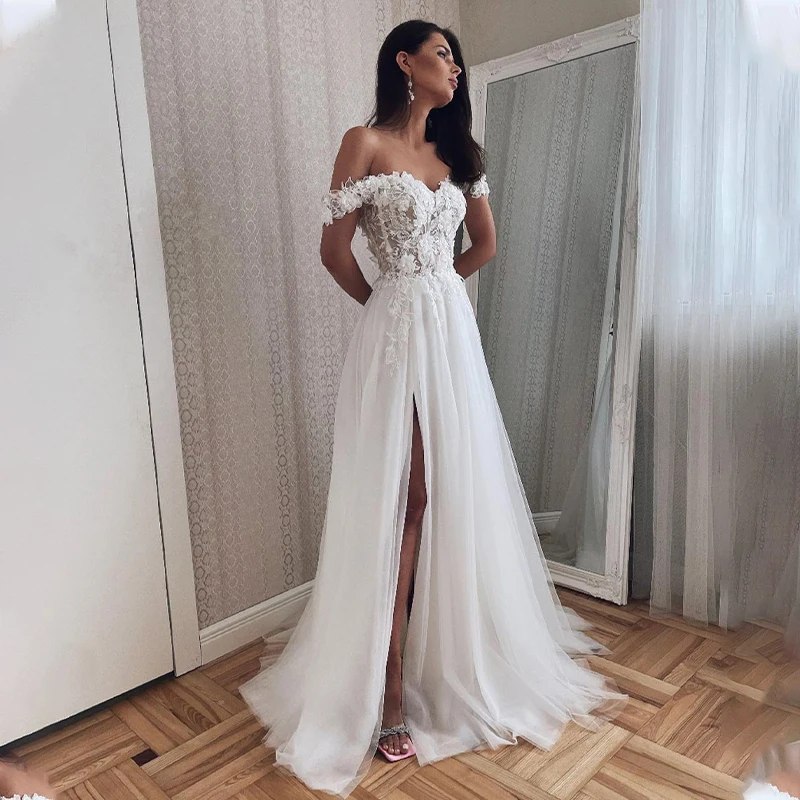 Vestidos de novia bohemios con cuentas de cristal, con hombros descubiertos, apliques de encaje, línea A, vestido de novia con escote corazón