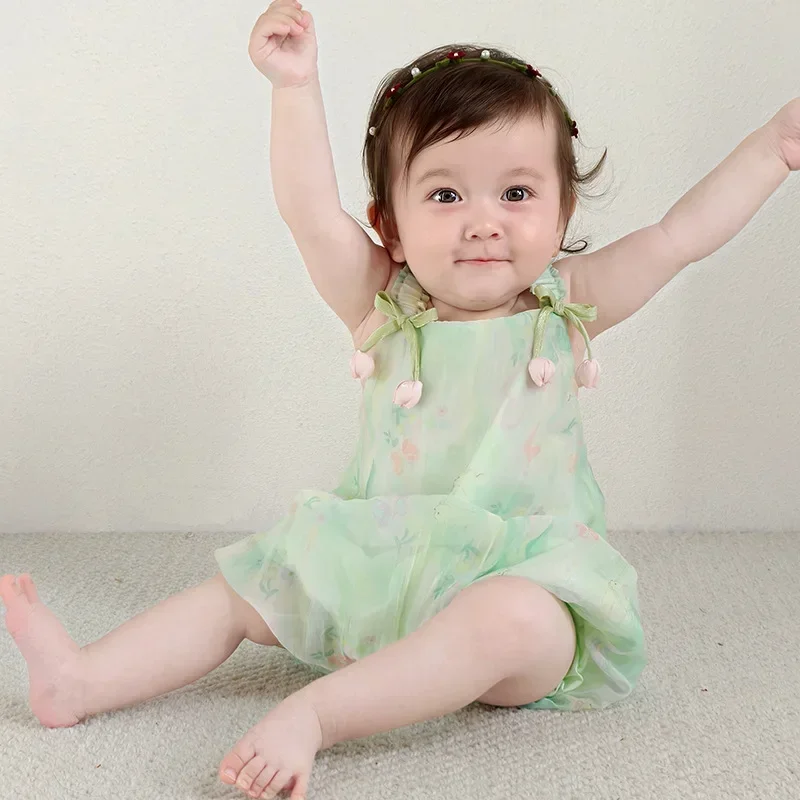

2025 Summer New Baby Girls Halter Romper Tulip Flower Decorated Romper Cotton Class A Princess Fashion Sweet Crawler Onesie