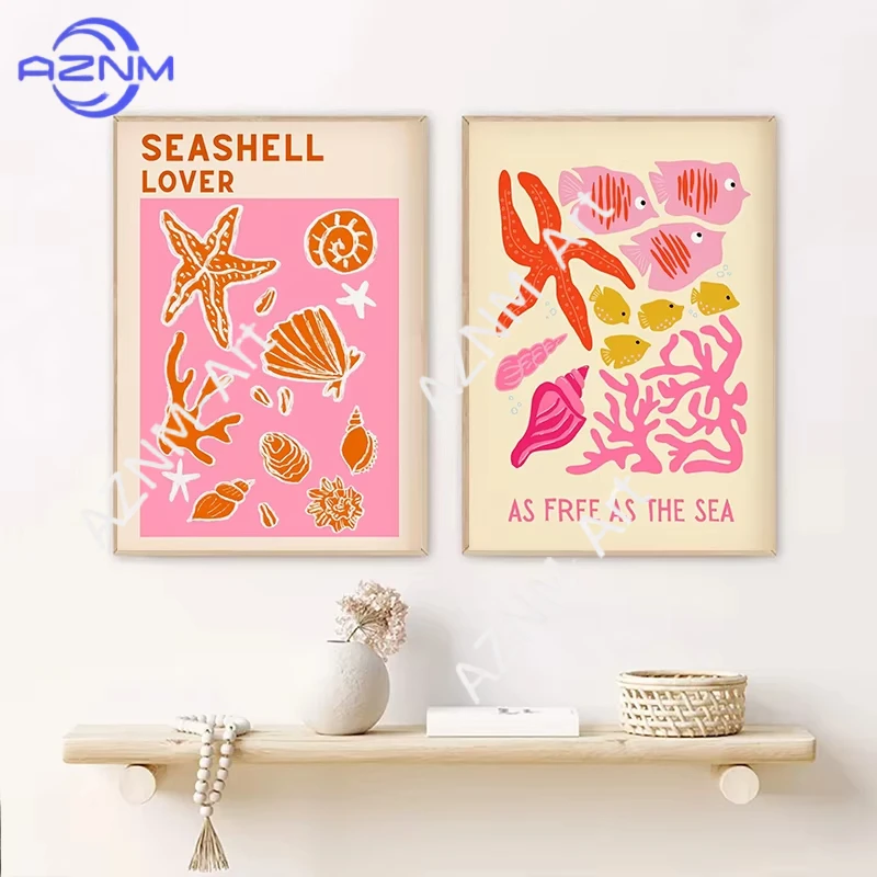 Summer Tropical Preppy Seashell Beach Poster Print Wine Lobster Canvas Art Painting Pictures Home for Modern Living Room Decor