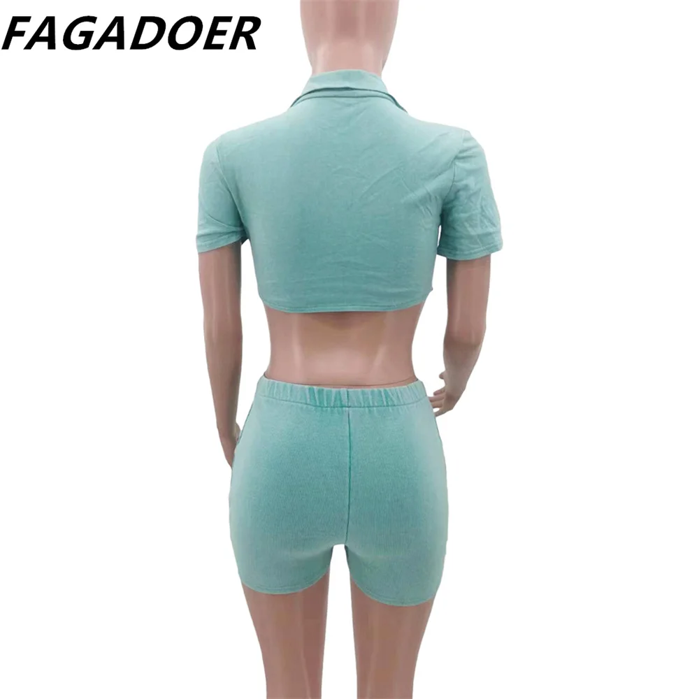 FAGADOER Fashion High Quality Ribber Two Piece Sets Women Deep V Short Sleeve Crop Top And Shorts Outfits Female 2pcs Clothing