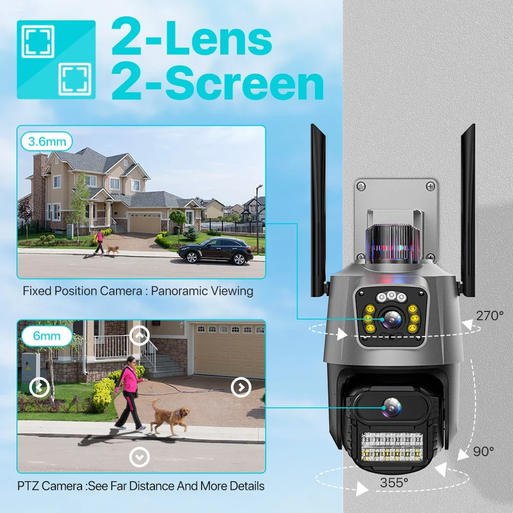 

Outdoor Wifi PTZ Camera 4K 8MP HD Dual-Lens Dual Screen Camera AI Auto Tracking 4MP Video Surveillance Police Light Alarm iCSee