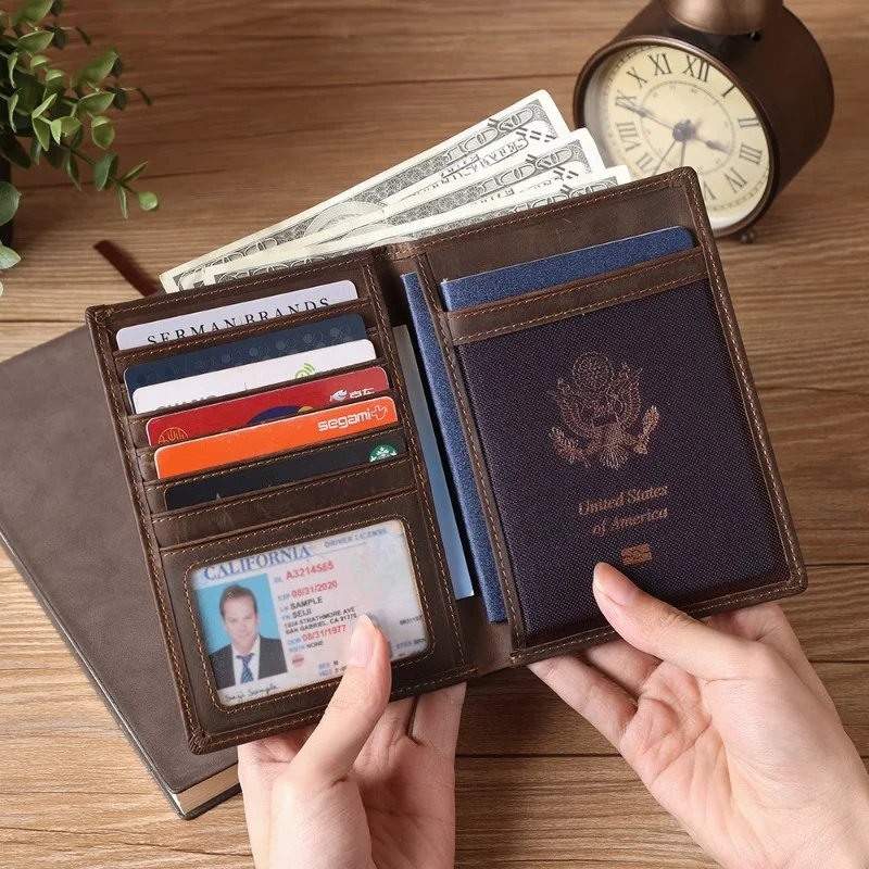 

First layer cowhide passport bag with snap button multifunctional storage genuine leather retro card holder crazy horse leathe