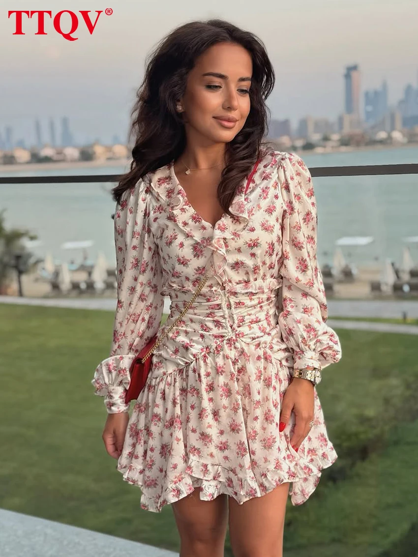 

TTQV Spring Slim Print Women's Dress 2026 Sexy V-Neck Long Sleeve Mini Dresses Elegant Classic Ruffles Pleated Female Dress