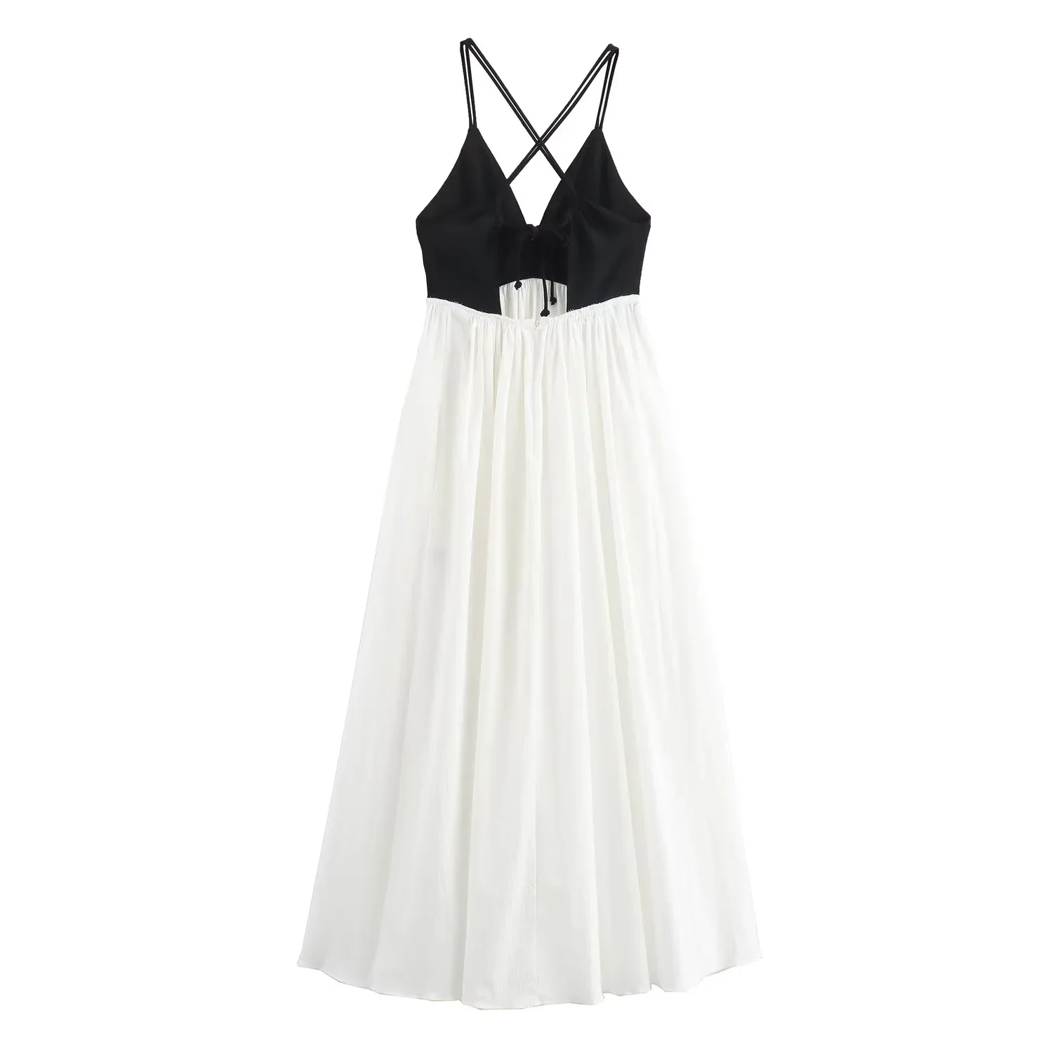 French Black White Patchwork Long Beach Party Dress Women Summer Sleeveless Ruffles Pleated Holiday Dresses 8396/653﻿