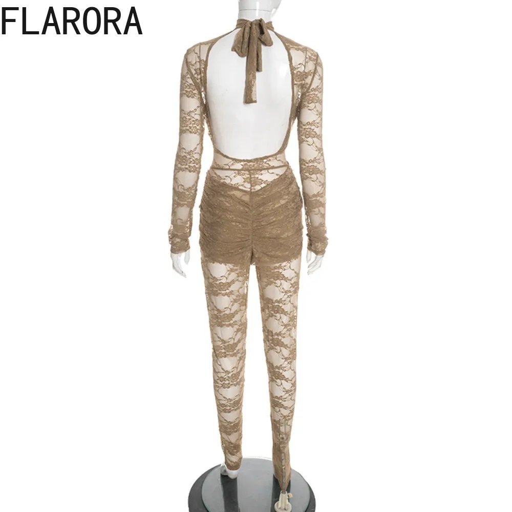 FLARORA Sexy Lace Jacquard Patchwork Jumpsuits Woman See Through Cross Bandage Midnight Stretch Bodycon Club Activity Overalls