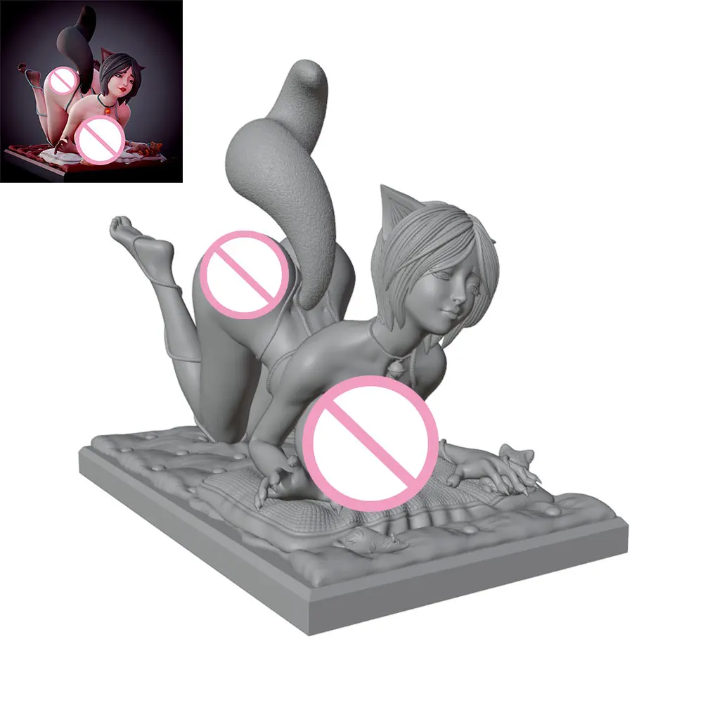 1/24/12/6 Sexy Cat Girl, Charming Dressed Girl Resin Model Kit GK Mini 3D Printed Gray Model Statue, DIY Doll Model, Unpainted