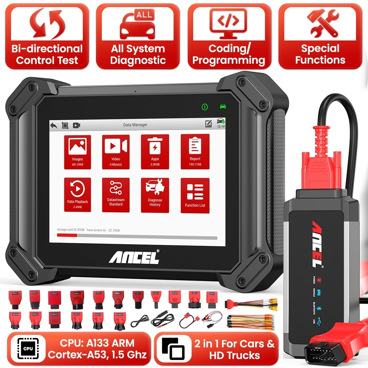 

ANCEL V6 Pro+ HD Diesel Heavy Duty Truck Car OBD2 Scanner ECU Coding for Car Truck Buses Commercial Passenger Diagnostic Tool