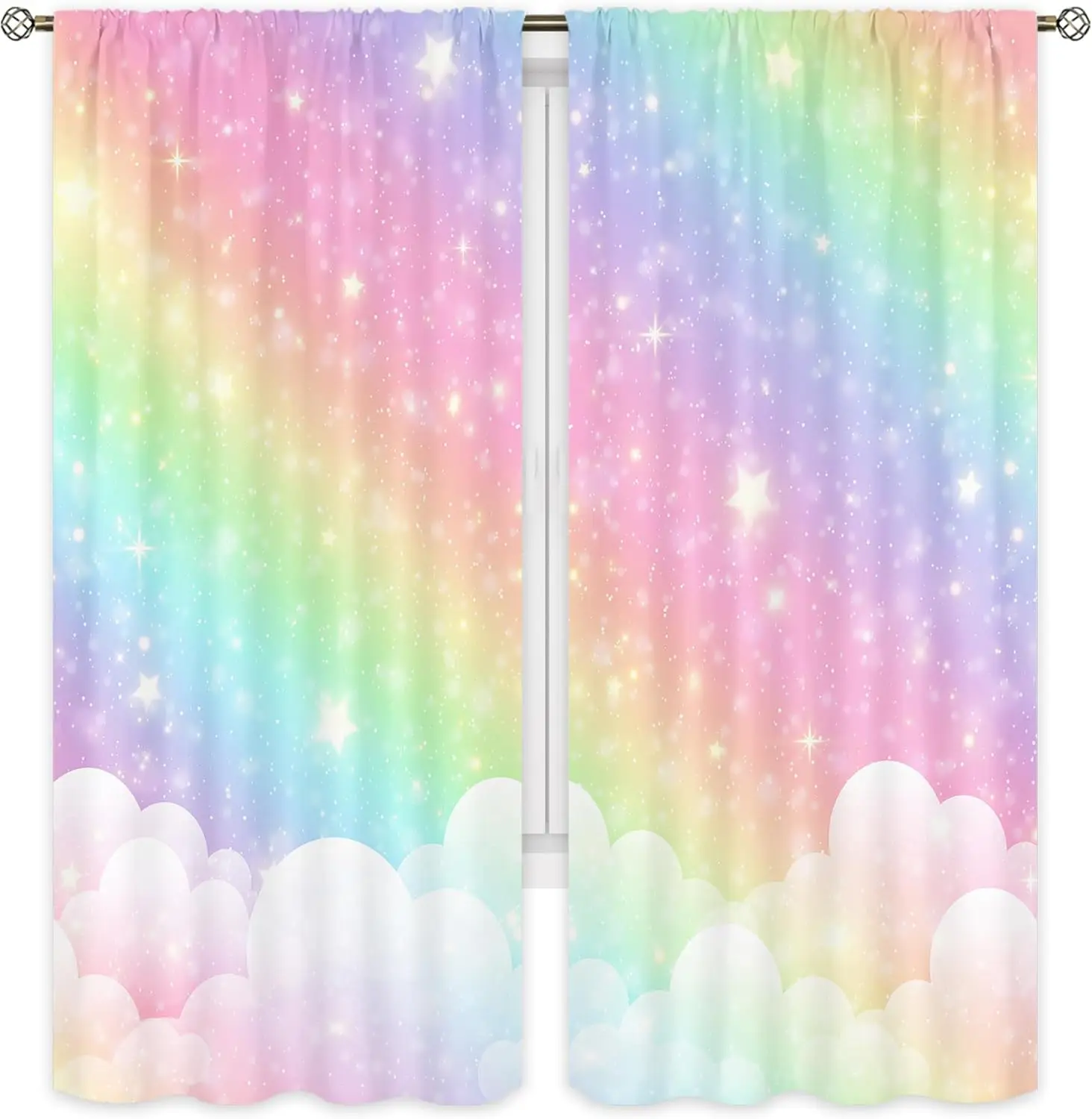 Cortinas para niños Pastel de arcoíris, cortinas de estrellas con nubes de cielo de dibujos animados con bolsillo para barra, bonitos paneles coloridos para ventana de habitación de niñas