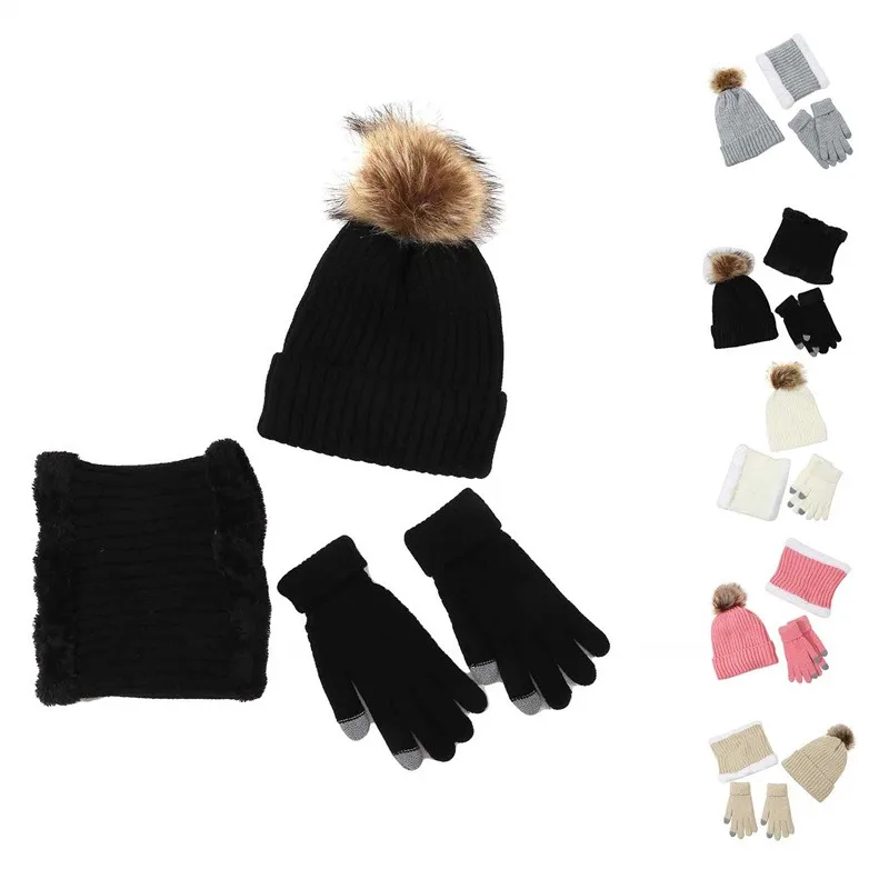 Women Knitted Beanies Cold Hat 3pcs Warm Winter Hat For Women Scarves Cap Scarf Gloves Hats Three Sets Solid Set