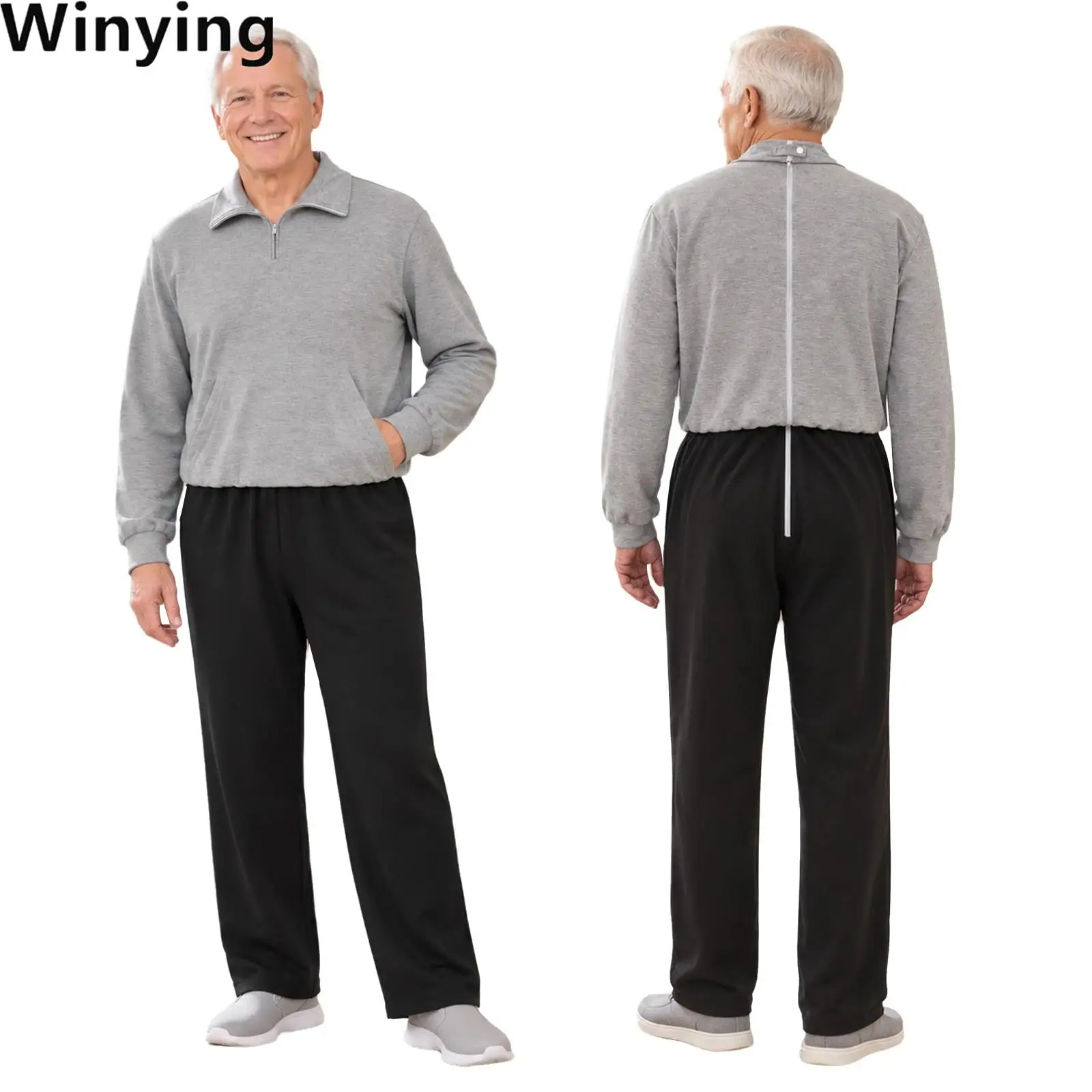 Men Women Color-blocked Adaptive Bodysuit Anti-strip Back-zip Jumpsuit Zip-up Collar Long Sleeve Bodysuit with Pocket