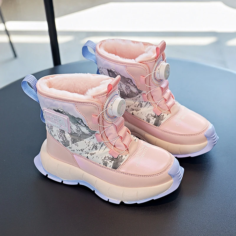 Stivali da neve invernali per bambini Fibbia rotante Stivaletti per bambini in peluche caldo per esterni Tendenza Scarpe alte in cotone viola per ragazze Ragazzi