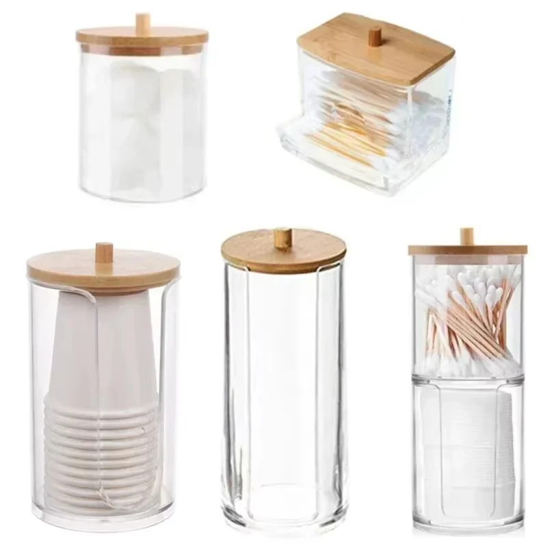 Caja de almacenamiento acrílica, tarro de baño, organizador de maquillaje, soporte redondo para almohadilla de algodón, caja para bastoncillos, dispensador de soporte Qtip con tapa de bambú