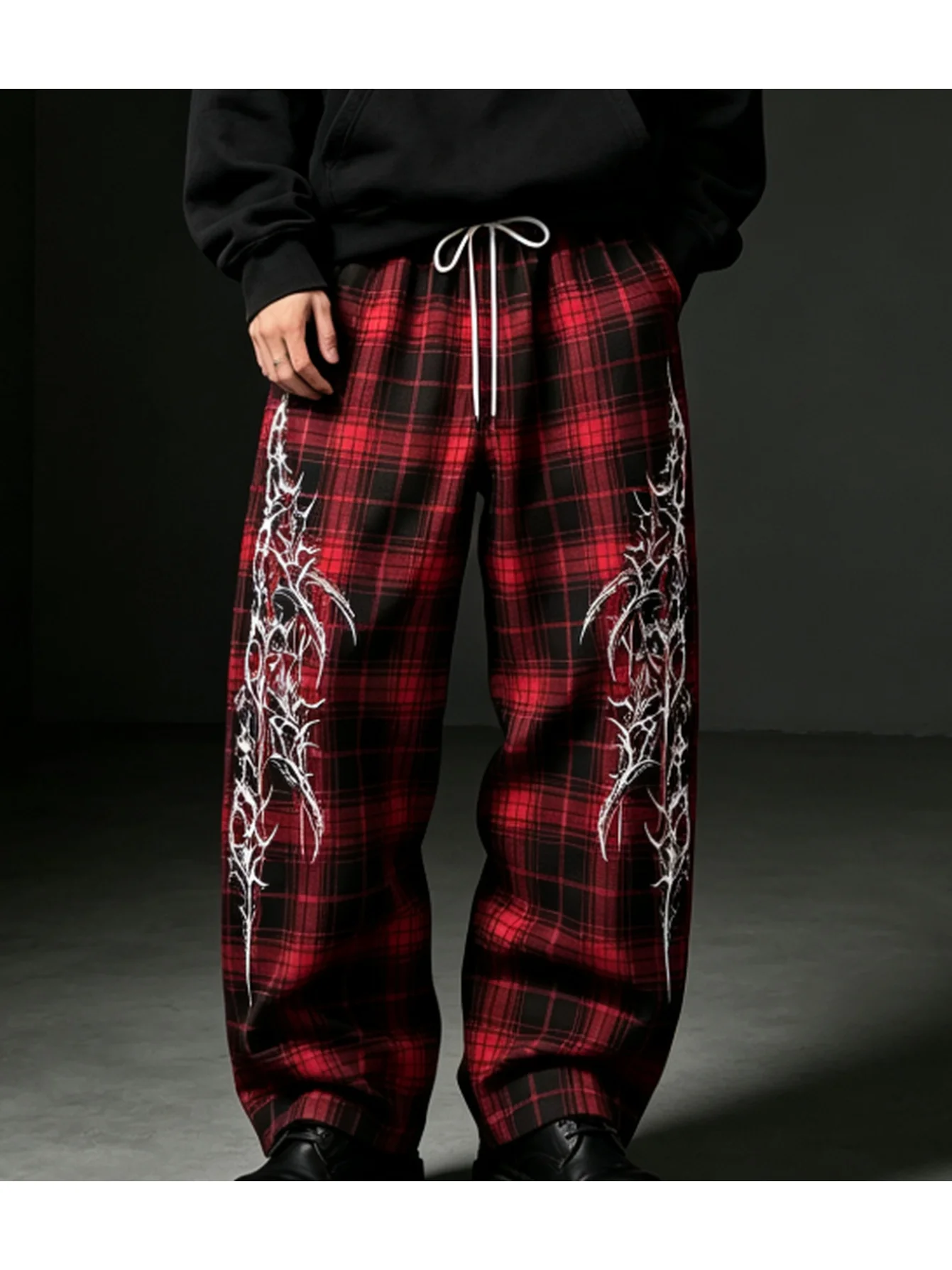 Red and Black Checkered Thorn Print Casual Pants Elastic Drawstring Waist Loose Wide-Leg Trousers Gothic Style Unisex Long Pants