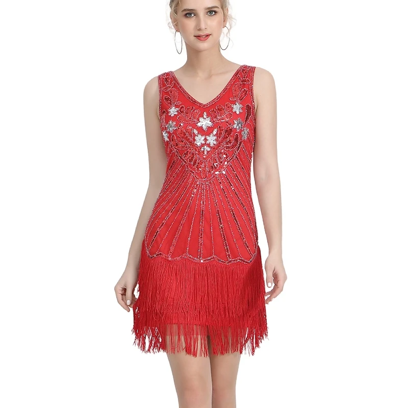 Women 1920s Flapper Dress V Neck Colorful Beaded Fringe Dress Great Gatsby Sequin Dress Roaring 20s Speakeasy Party Costume