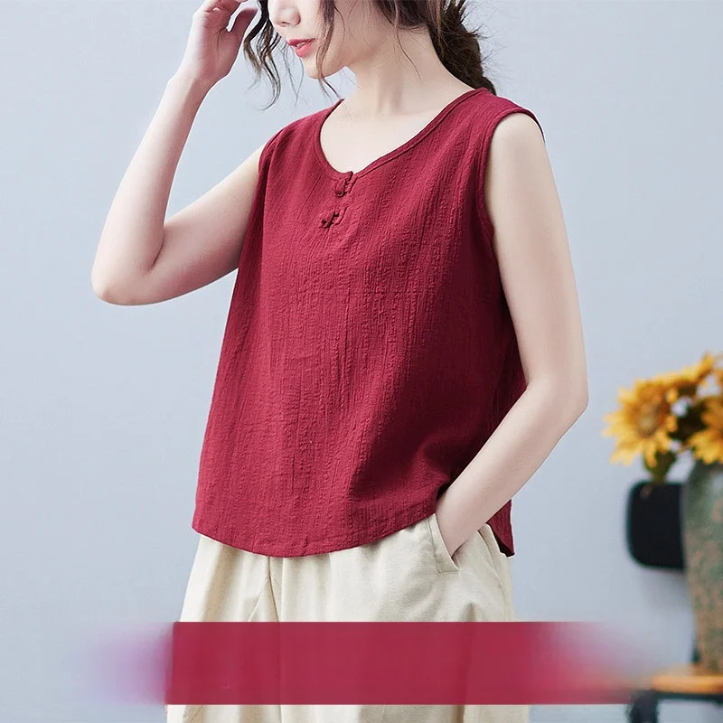 

Retro Style Short Cotton Linen Button down Base Shirt Thin Outerwear Vest Spring Summer New Arrival Women's Loose Fit round Neck