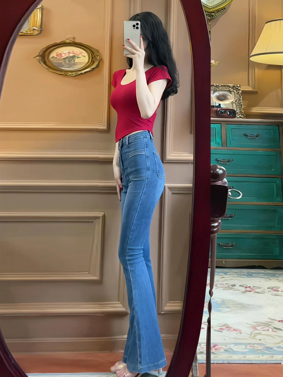 

High Waist Slim Fit Deep Blue Bell Bottom Jeans Women's Spring Autumn High Elasticity Lengthened Denim Pants Fashionable Bootcut