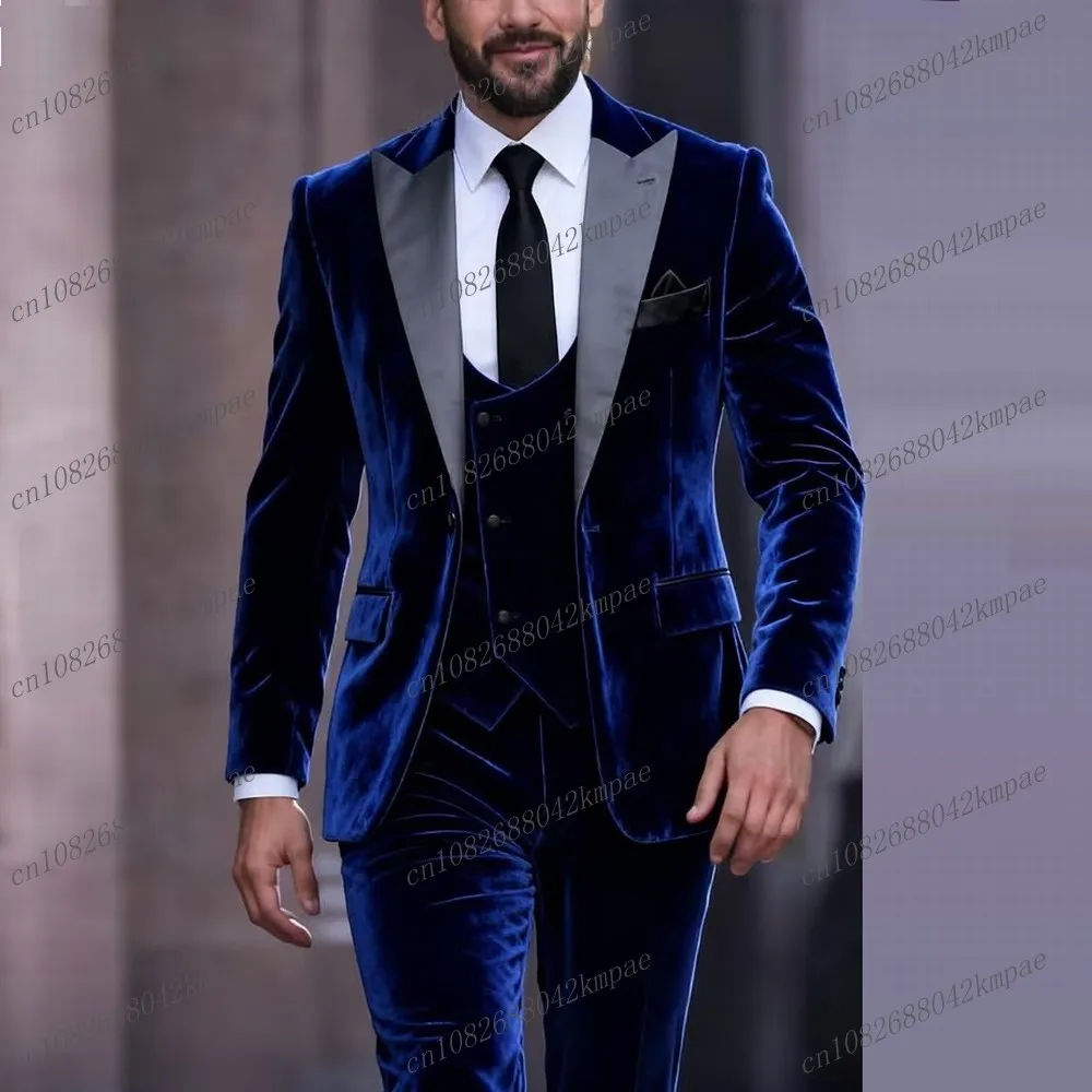 

New Blue Velvet Men Suit Formal Business Groom Groomsman Wedding Party Prom Male Tuxedos 3 Piece Set Blazer Vest Pants