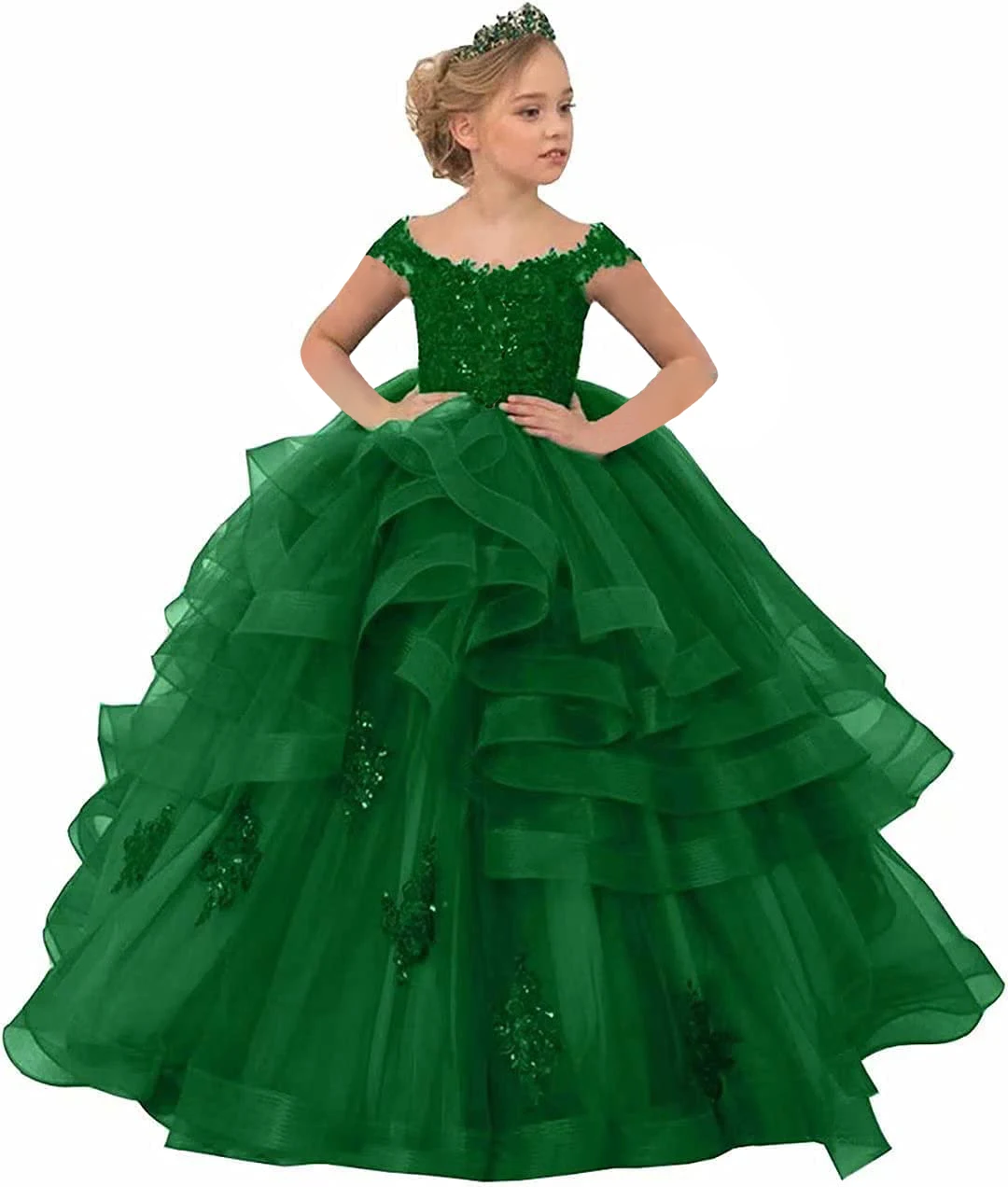 Vestidos de flores verdes para niña, cuello redondo, apliques con cuentas, mangas largas, vestidos de desfile, volantes escalonados, tren de barrido, cumpleaños