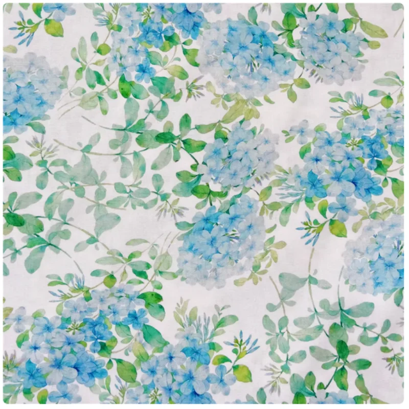 

Blue Flower Green Leaves Print Pure Cotton Fabric, Handmade DIY Garment, Dress, Table Cloth, Pillow Notebook Sewing Tissue, M47