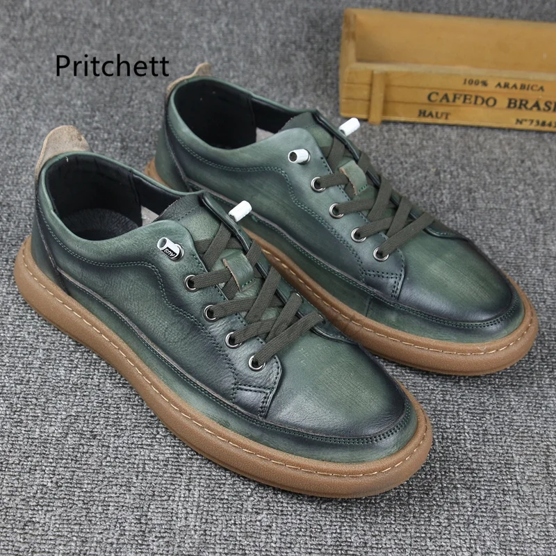 Brown Green Men's Casual Shoes Retro Hand-Polished Leather Shoes British Style Board Shoes Sports Men's Tendon Sole Work Shoes