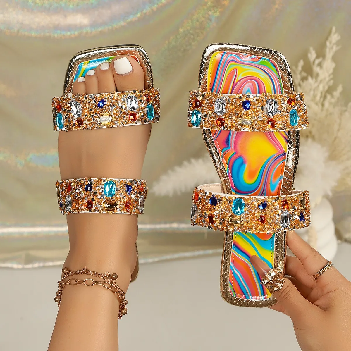 Extra-large Colorful Rhinestone Flat Slip-on Sandals, New Spring Product, Soft Outdoor Beach Casual Women's Shoes