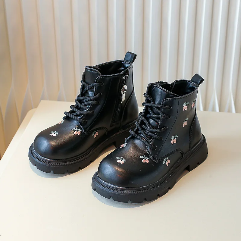 Soft-sole Embroidered PU Leather Boots Girl Spring Autumn Non-slip Short Boots Children Lightweight Comfortable Casual Shoe Kids