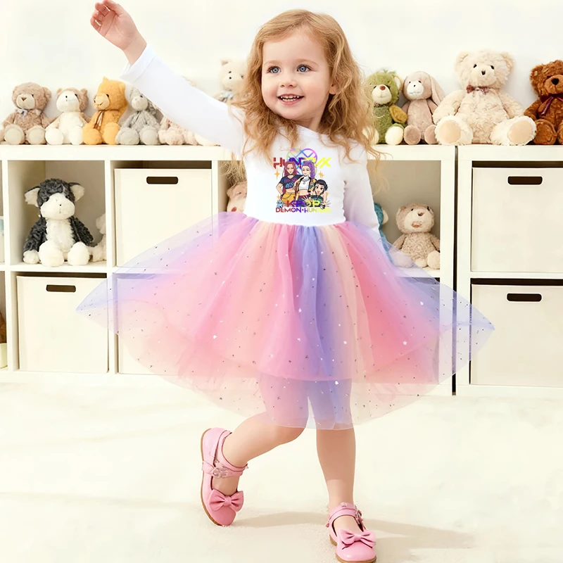 K-Pop Hunters Zoey Mira Rumi Toddler Girl Tutu Princess Dresses Long Sleeve Ruffle Party Star Sequin Tulle Cartoon Dress 2-6Y