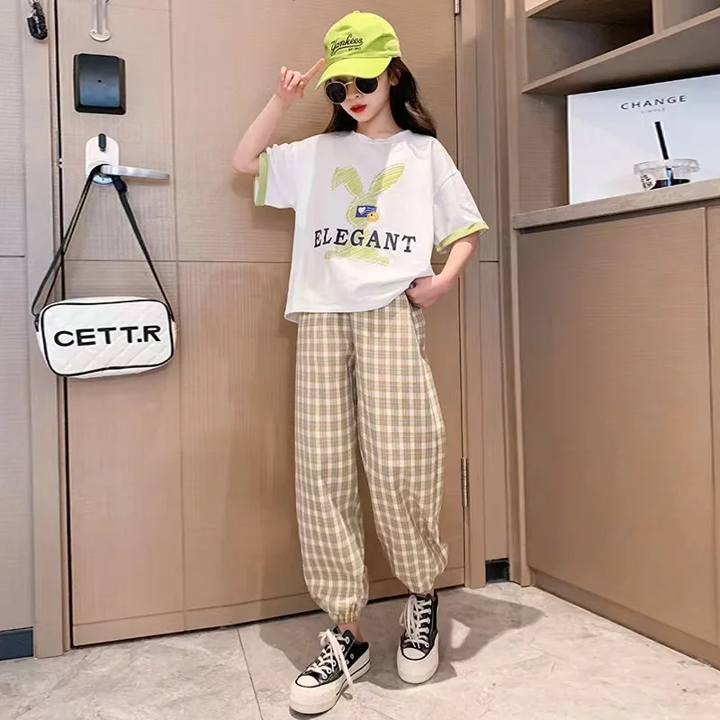 

2023 summer Kids Girls Clothes Children Sets bunny short T-shirts + Plaid checked Ankle-tied Pants Teenager 7 8 10 12 Years