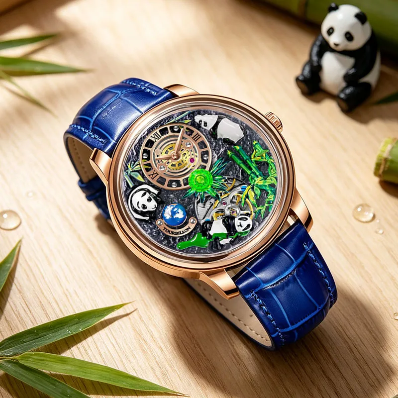 PINDU Original Top Brand Luxury Mechanical Watch Three-dimensional Panda Dial Watch Men's Stainless Steel Waterproof Men's Watch