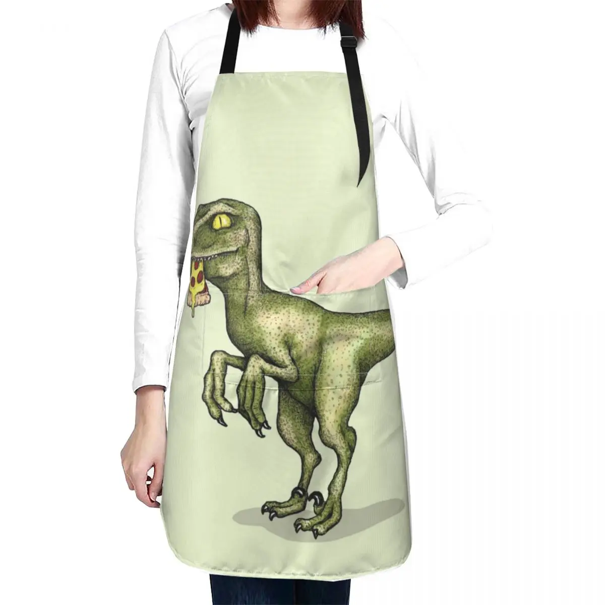 Raptor dinosaur eating pizza slice Apron Waterproof Kitchen Woman Home Cleaning Apron