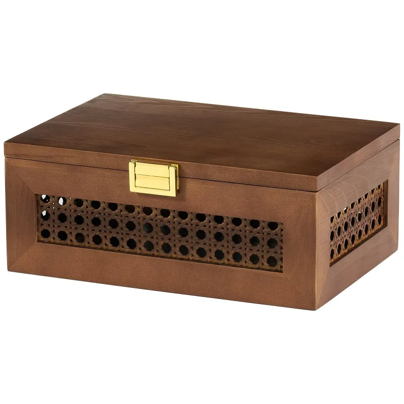Rustic Brown Wooden Storage Box Gift Souvenir Storage Box Decorative Box with Rattan Side Panel