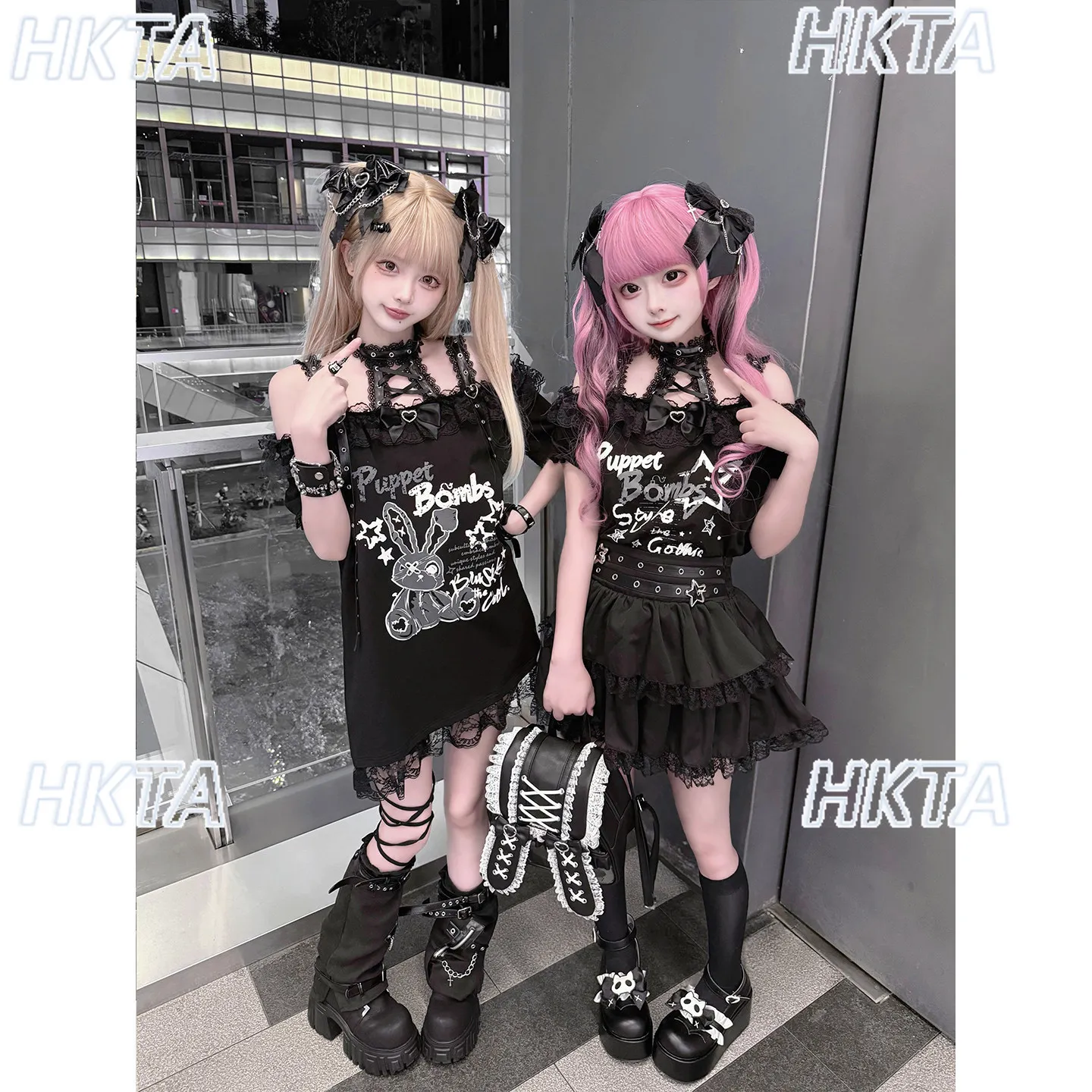 Dark Subculture Y2k Goth Sweet Cool Hot Girl Alphabet Print Lace Bow Collar Short Sleeve T shirt top Cake Skirt Black Sets Women view 5