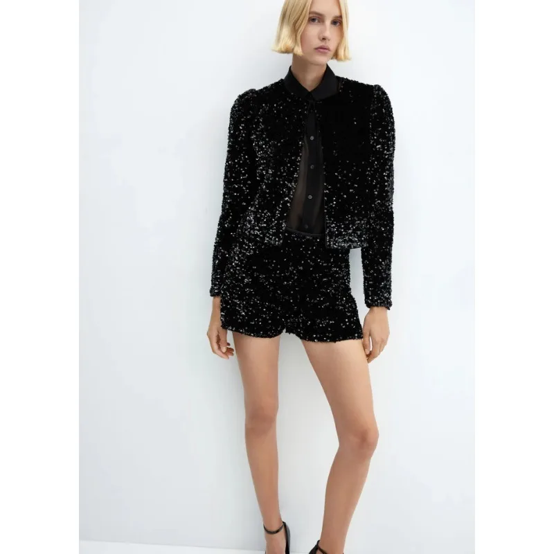 Spring and Summer New Solid Color Sequins Suit Women\'s Fashion Long Sleeve round Neck Cardigan Short Coat High Waist Shorts Suit