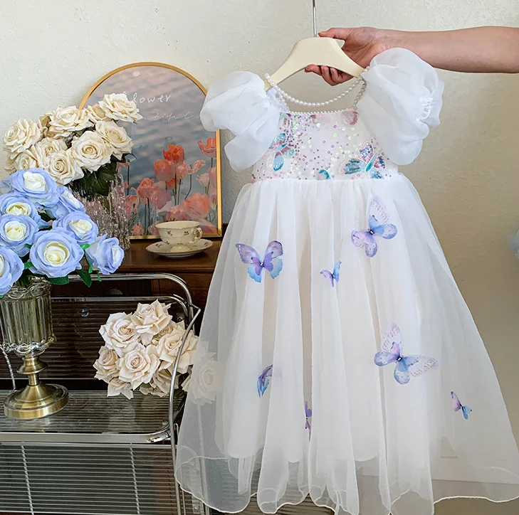 Retail New Baby Summer Girls Boutique Butterfly Dress, Princess Kids Sweet Fashion Dress  3-7T