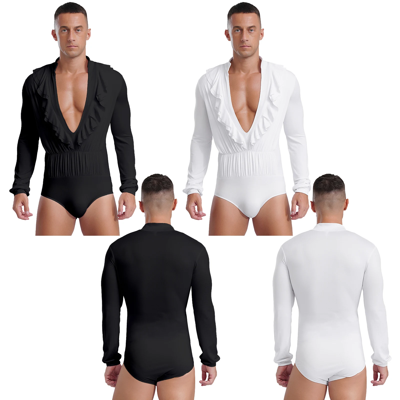 Camisas de baile latino de Jazz para hombres, mono ajustado de manga larga con cuello en V, trajes de competición de actuación de Ballet de Rumba