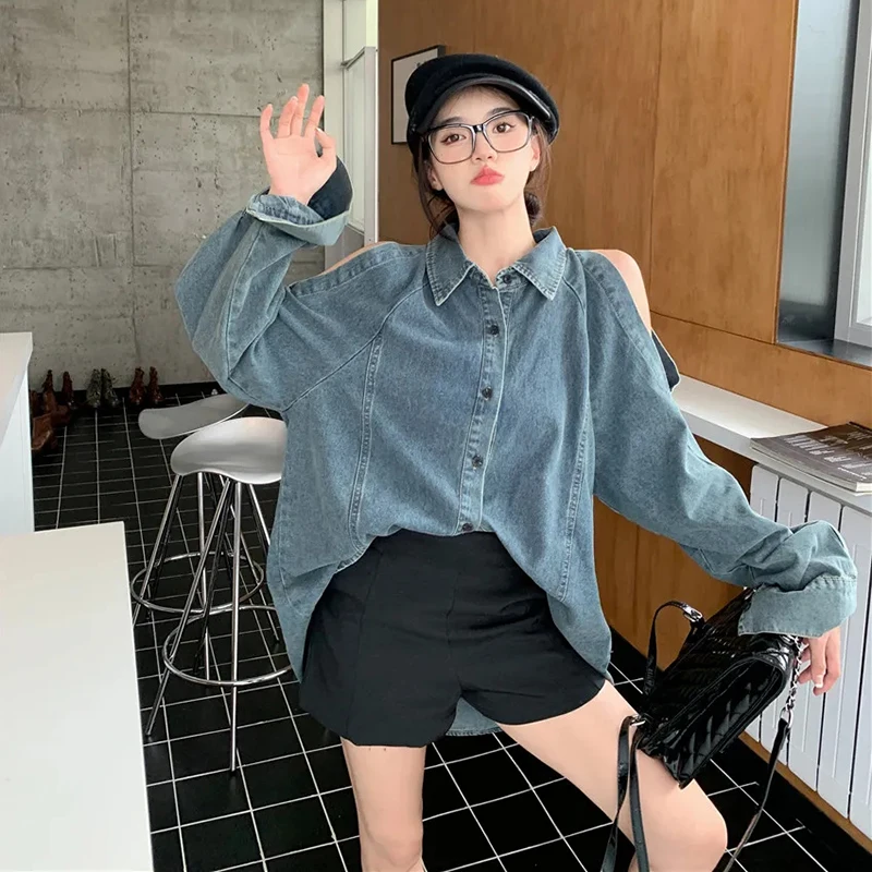 Retro Off Shoulder Denim Shirts Woman 2024 Fashion Single Breasted Mid-Length Coat Women Streetwear Long Sleeve Baggy Blouses