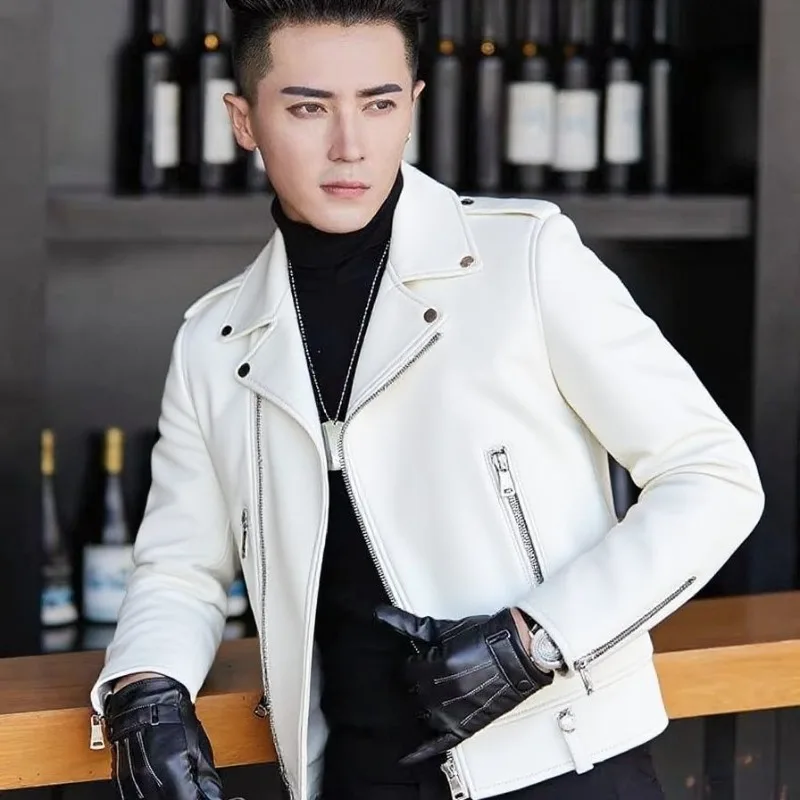 

Men's Short Sleeve PU Leather Jacket Stylish Sheepskin Inspired Suit Coat for Office Streetwear High Quality Winter Fashion