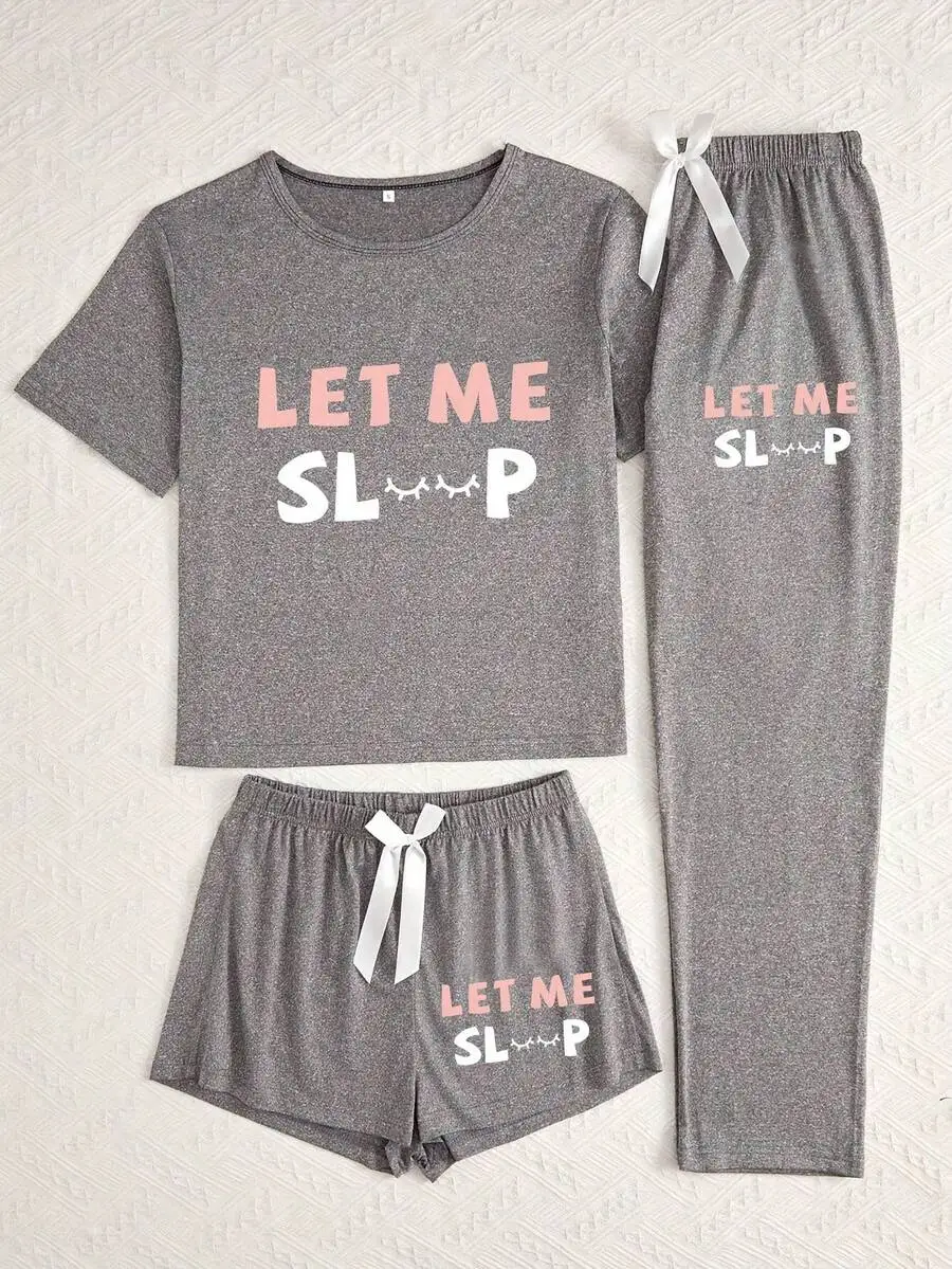 

3-Piece Women's Pajama Set: Short Top, Shorts & Pants with 'Let Me Sleep' Print