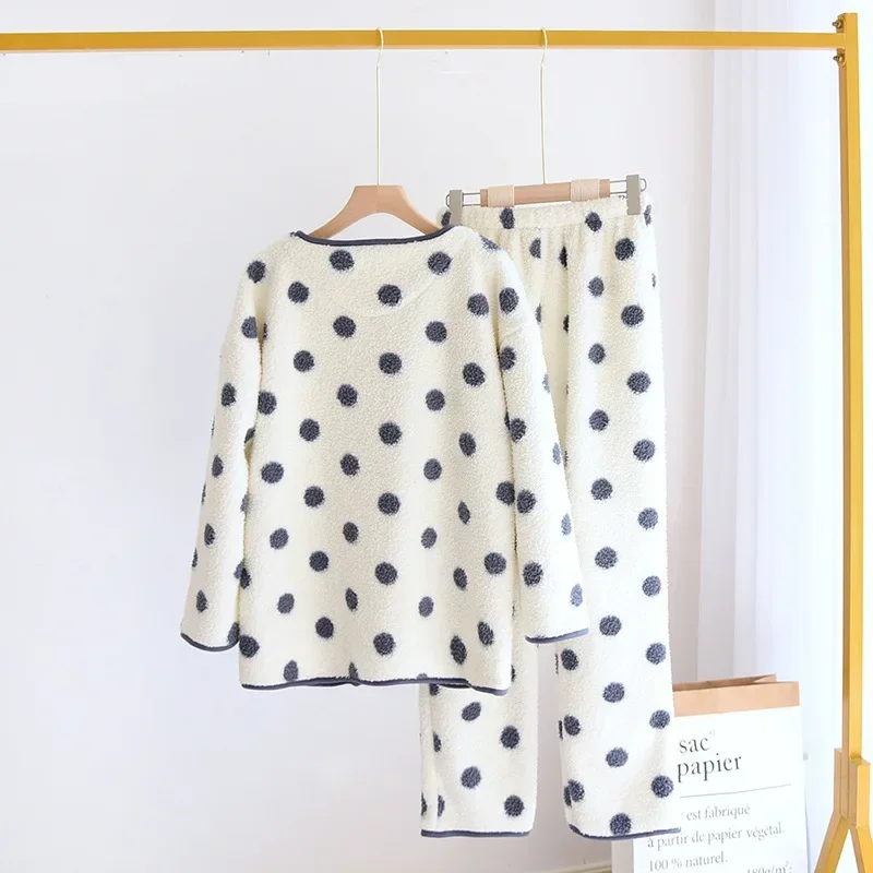 New autumn and winter wave dot ladies flannel pajamas long-sleeved trousers two-piece thick round neck cardigan home service set