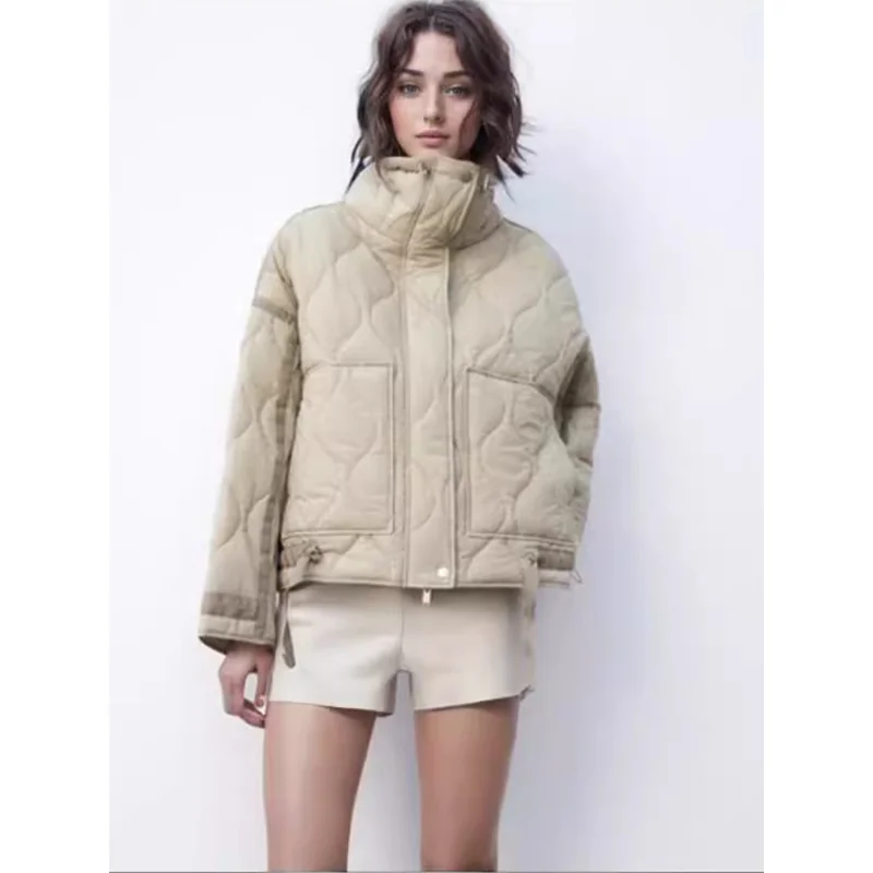 Women\'s Autumn Cotton Quilted Zipper Coat With Tie Beige Drawstring High Collar Pockets Quilted Tie Drawstring Warm Jacket