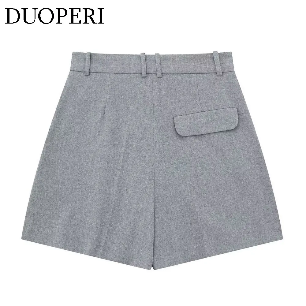 DUOPERI Women Fashion Grey 2 Pieces Sets Vest and High Waist Shorts Female Chic Lady Waistcoat and Shorts Coordinates